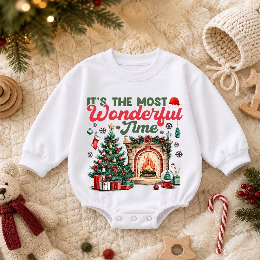 Most Wonderful Time Christmas Baby Romper, Christmas Tree Fireplace Holiday Outfit, 1st Cozy Winter Xmas Romper, Christmas Gift for Baby — product view 3