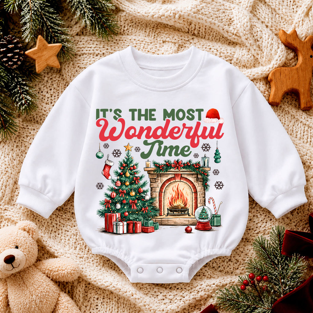 Most Wonderful Time Christmas Baby Romper, Christmas Tree Fireplace Holiday Outfit, 1st Cozy Winter Xmas Romper, Christmas Gift for Baby — product view 4
