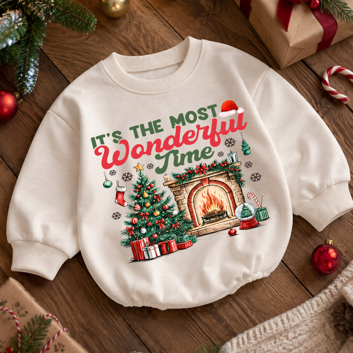 Most Wonderful Time Christmas Baby Romper, Christmas Tree Fireplace Holiday Outfit, 1st Cozy Winter Xmas Romper, Christmas Gift for Baby — product view 5