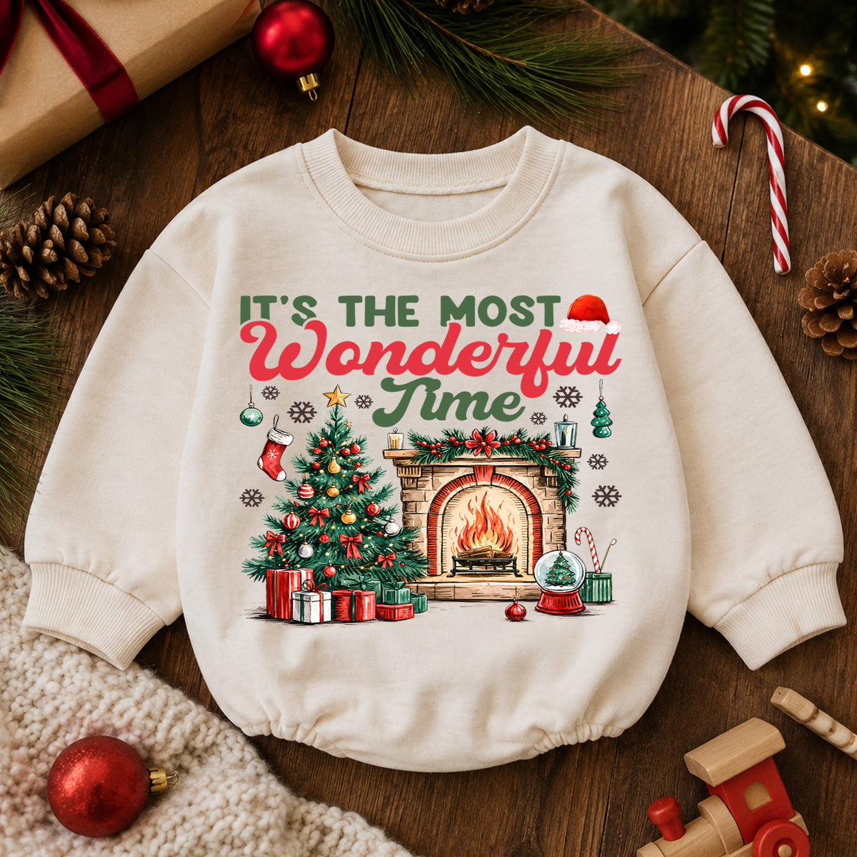 Most Wonderful Time Christmas Baby Romper, Christmas Tree Fireplace Holiday Outfit, 1st Cozy Winter Xmas Romper, Christmas Gift for Baby — product view 6