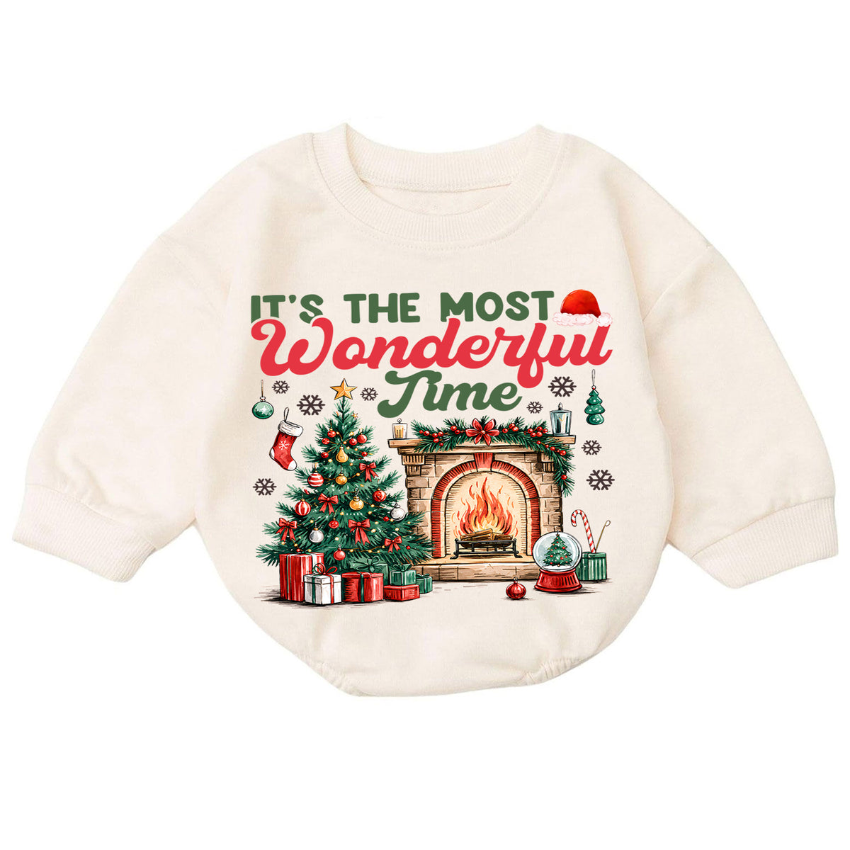 Most Wonderful Time Christmas Baby Romper, Christmas Tree Fireplace Holiday Outfit, 1st Cozy Winter Xmas Romper, Christmas Gift for Baby — product view 7