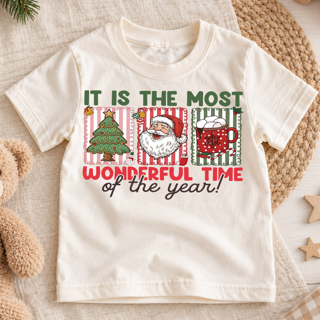 Most Wonderful Time of the Year Kids Christmas Shirt, Santa Tree Cocoa Holiday Tee, Cute Toddler Xmas Outfit, Festive Gift for Kids — product view 1