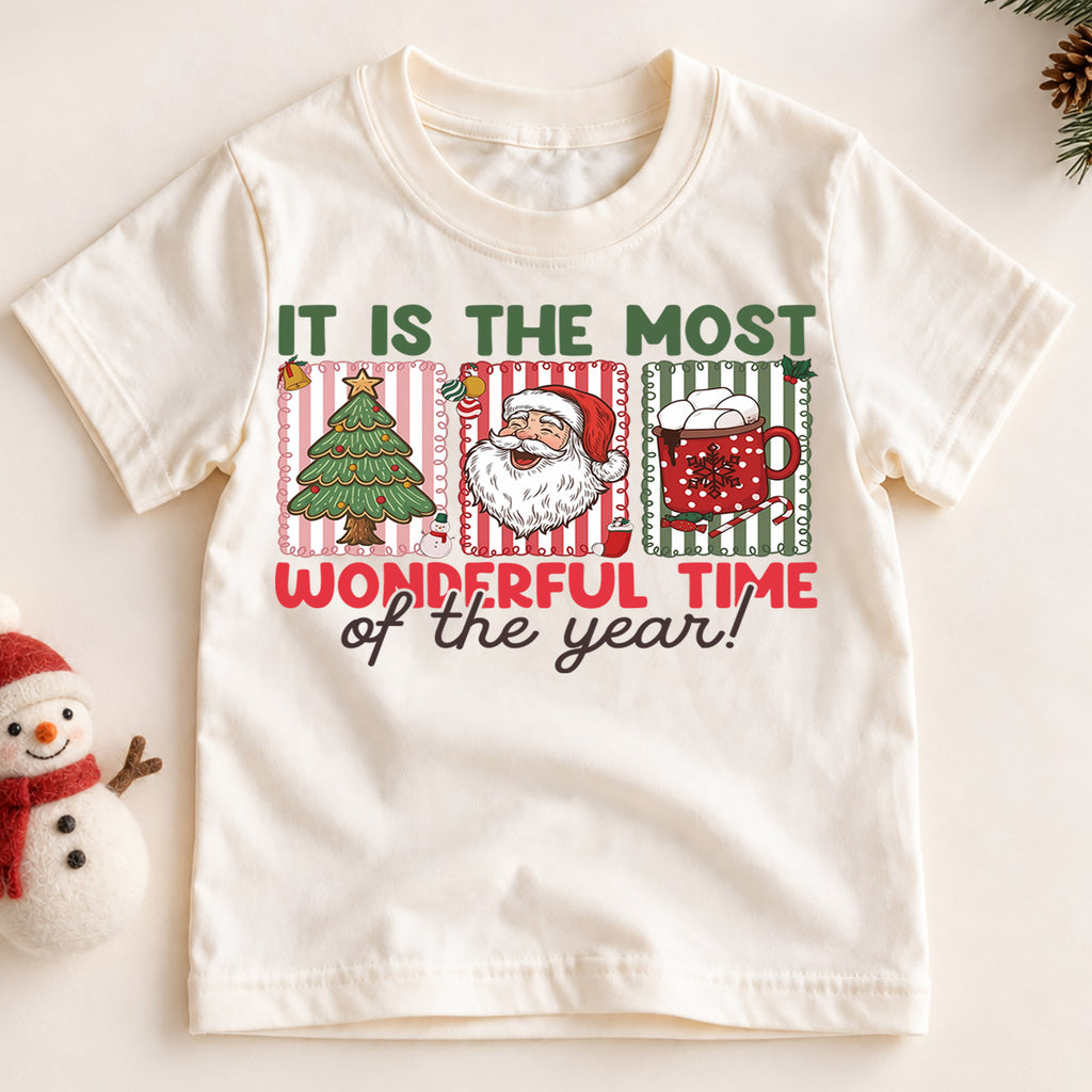 Most Wonderful Time of the Year Kids Christmas Shirt, Santa Tree Cocoa Holiday Tee, Cute Toddler Xmas Outfit, Festive Gift for Kids — product view 2