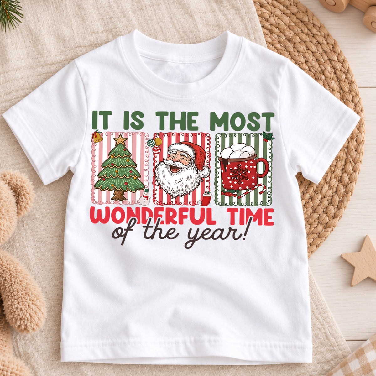Most Wonderful Time of the Year Kids Christmas Shirt, Santa Tree Cocoa Holiday Tee, Cute Toddler Xmas Outfit, Festive Gift for Kids — product view 3