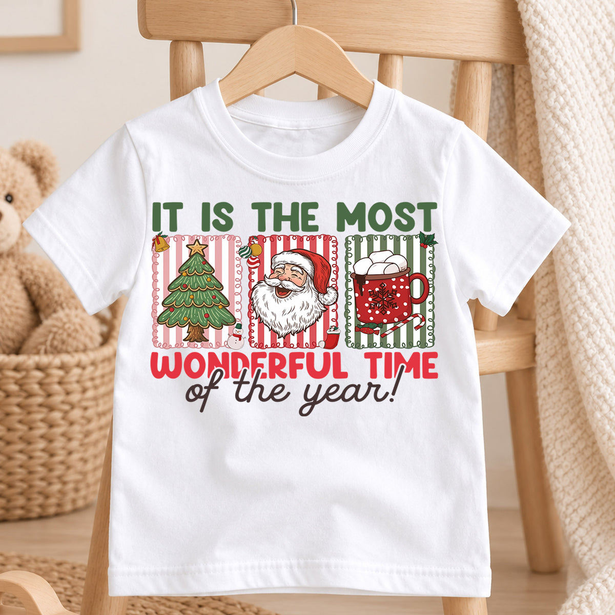 Most Wonderful Time of the Year Kids Christmas Shirt, Santa Tree Cocoa Holiday Tee, Cute Toddler Xmas Outfit, Festive Gift for Kids — product view 4