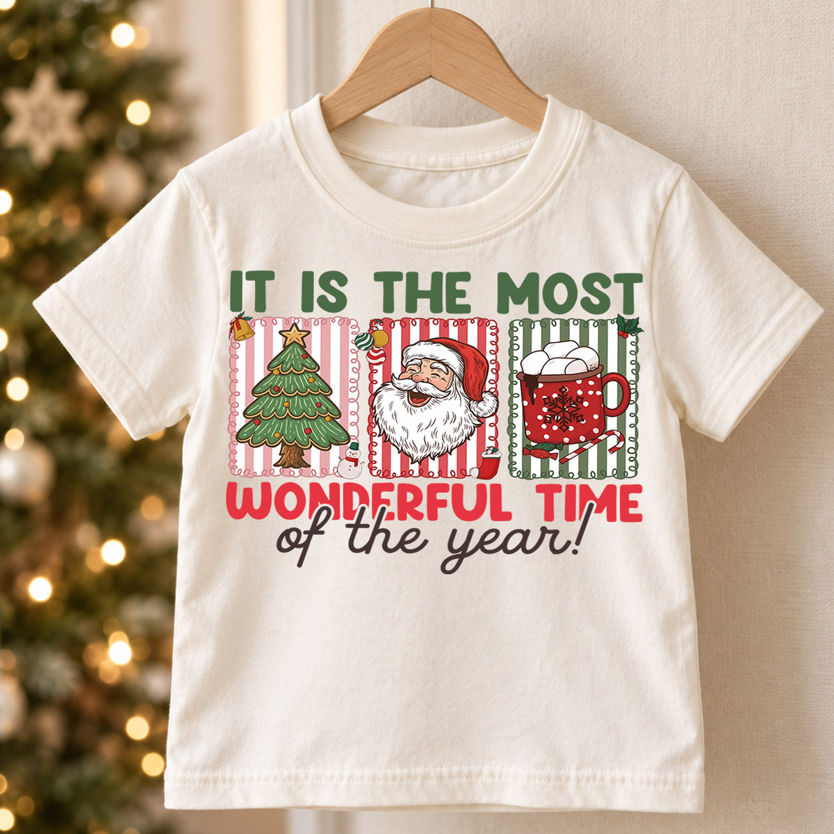 Most Wonderful Time of the Year Kids Christmas Shirt, Santa Tree Cocoa Holiday Tee, Cute Toddler Xmas Outfit, Festive Gift for Kids — product view 5