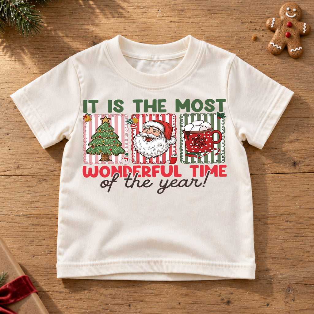 Most Wonderful Time of the Year Kids Christmas Shirt, Santa Tree Cocoa Holiday Tee, Cute Toddler Xmas Outfit, Festive Gift for Kids — product view 6