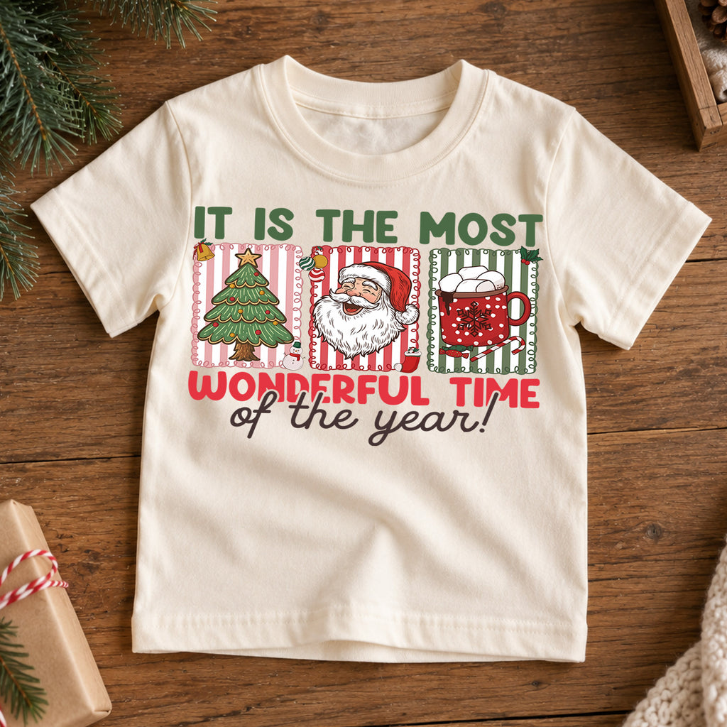 Most Wonderful Time of the Year Kids Christmas Shirt, Santa Tree Cocoa Holiday Tee, Cute Toddler Xmas Outfit, Festive Gift for Kids — product view 7