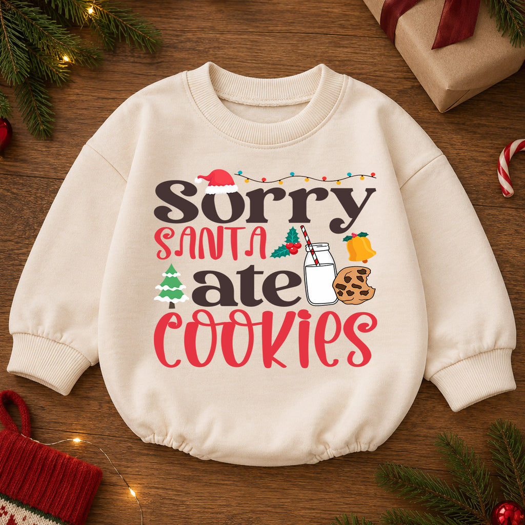 Sorry Santa Ate Cookies Baby Romper, Milk and Cookies 1st Christmas Outfit, Baby 1st Birthday Holiday Romper, Funny Xmas Gift — product view 2