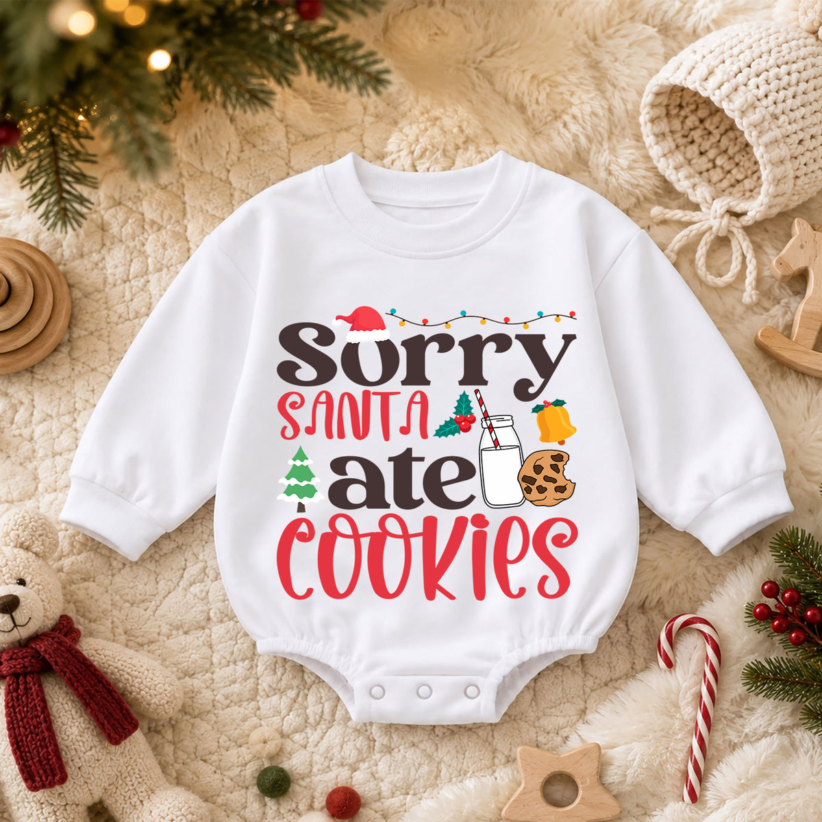 Sorry Santa Ate Cookies Baby Romper, Milk and Cookies 1st Christmas Outfit, Baby 1st Birthday Holiday Romper, Funny Xmas Gift — product view 3
