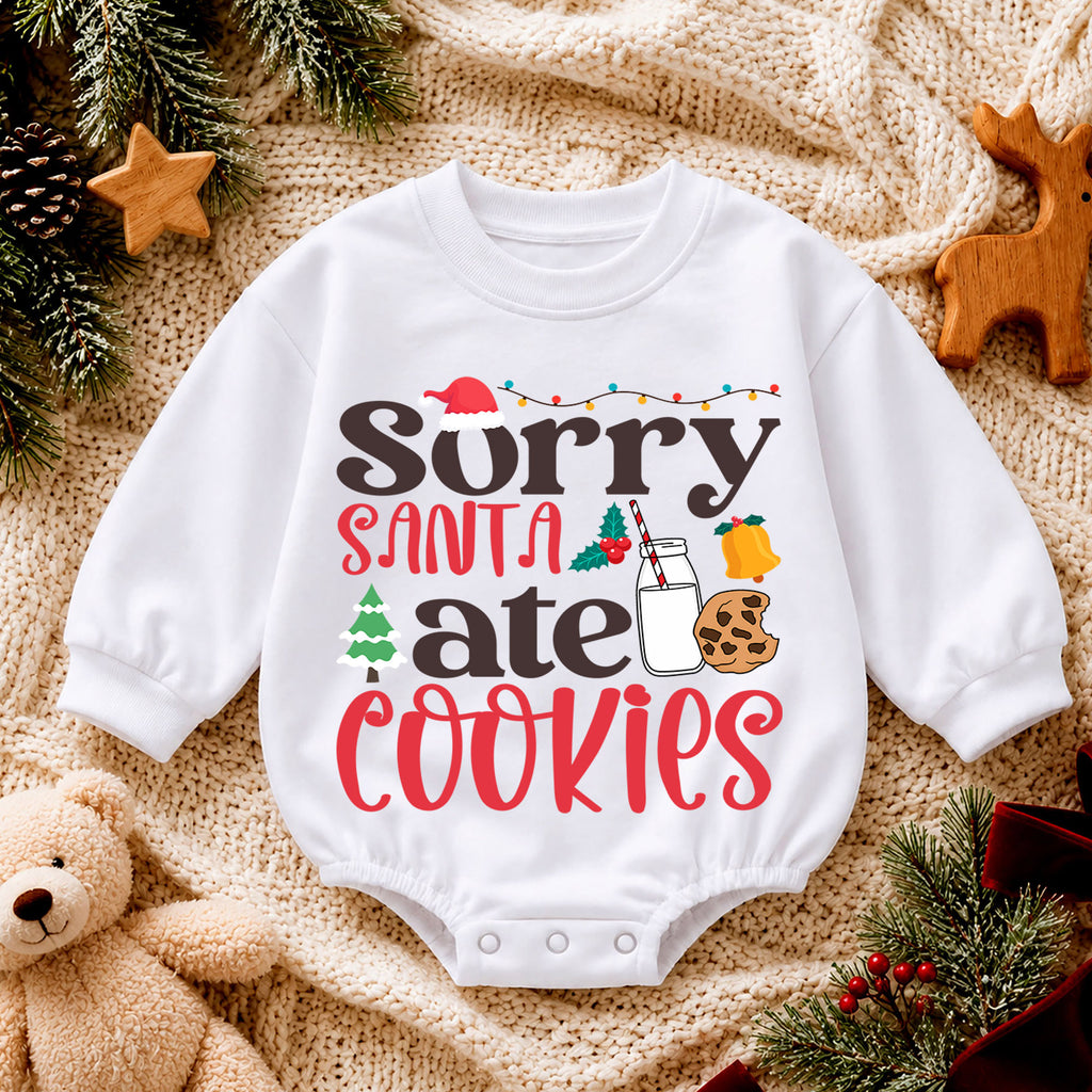 Sorry Santa Ate Cookies Baby Romper, Milk and Cookies 1st Christmas Outfit, Baby 1st Birthday Holiday Romper, Funny Xmas Gift — product view 4