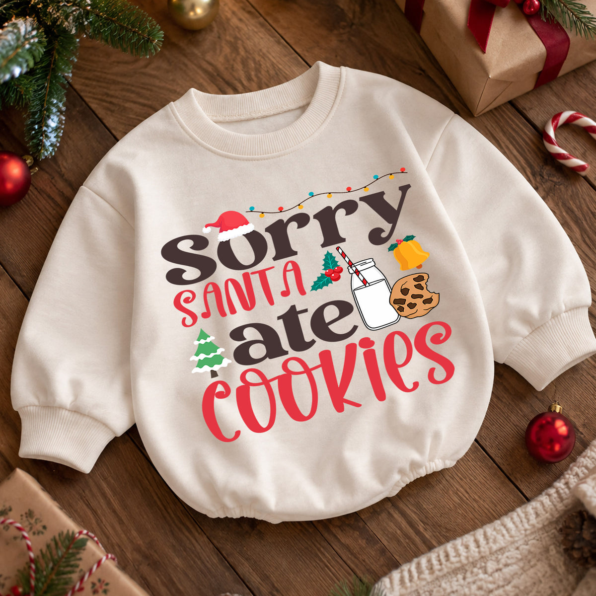 Sorry Santa Ate Cookies Baby Romper, Milk and Cookies 1st Christmas Outfit, Baby 1st Birthday Holiday Romper, Funny Xmas Gift — product view 5