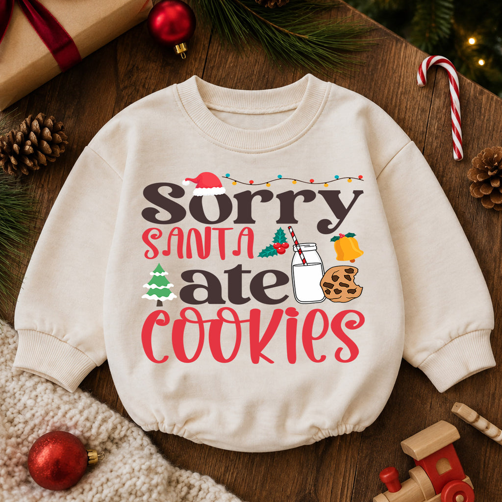 Sorry Santa Ate Cookies Baby Romper, Milk and Cookies 1st Christmas Outfit, Baby 1st Birthday Holiday Romper, Funny Xmas Gift — product view 6