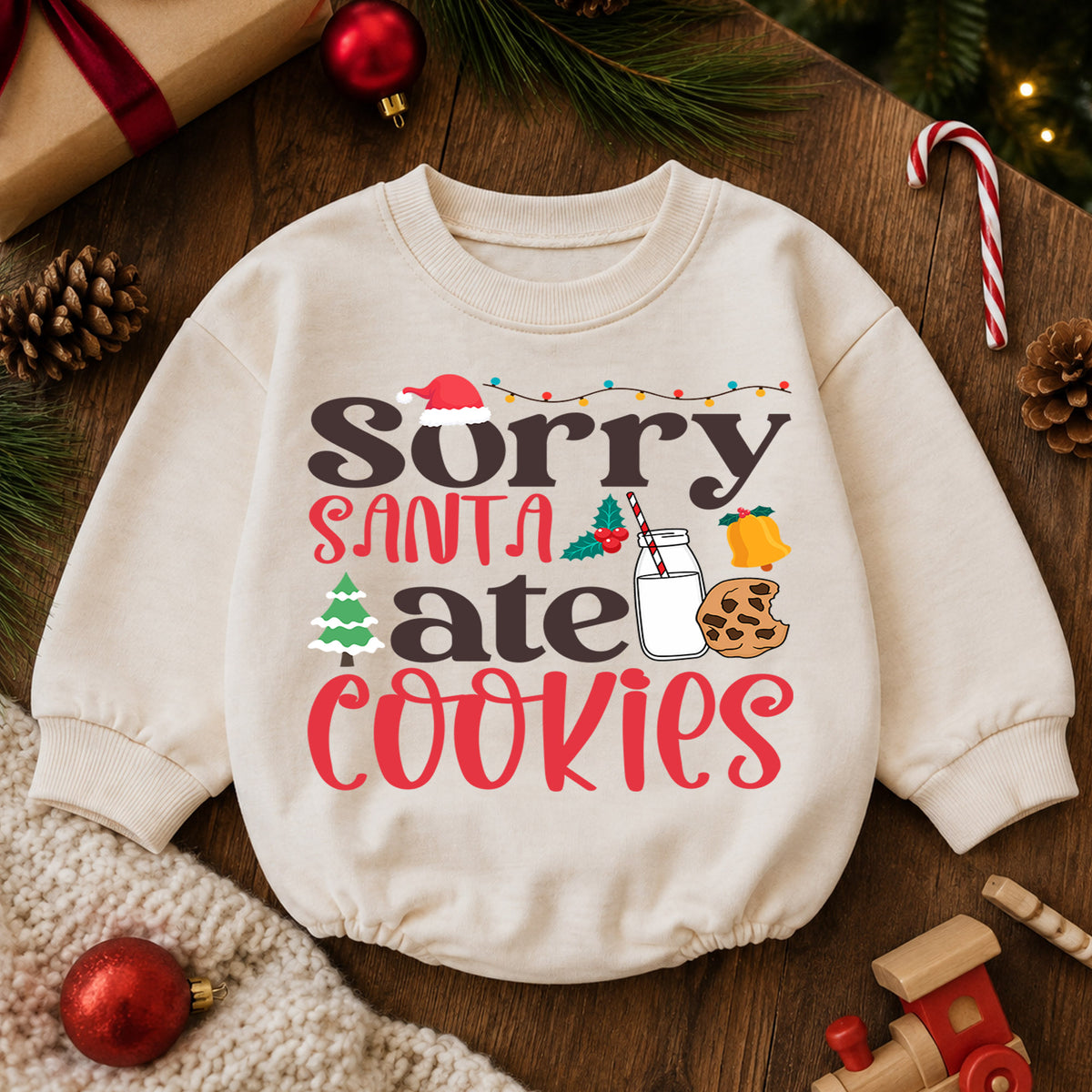 Sorry Santa Ate Cookies Baby Romper, Milk and Cookies 1st Christmas Outfit, Baby 1st Birthday Holiday Romper, Funny Xmas Gift — product view 6