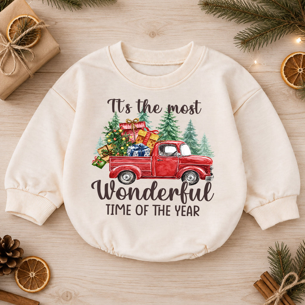 Most Wonderful Time Christmas Baby Romper, Red Truck Holiday Outfit, Toddler Xmas Romper, Cute 1st Christmas Gift for Baby — product view 1