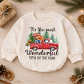 Most Wonderful Time Christmas Baby Romper, Red Truck Holiday Outfit, Toddler Xmas Romper, Cute 1st Christmas Gift for Baby — product view 1