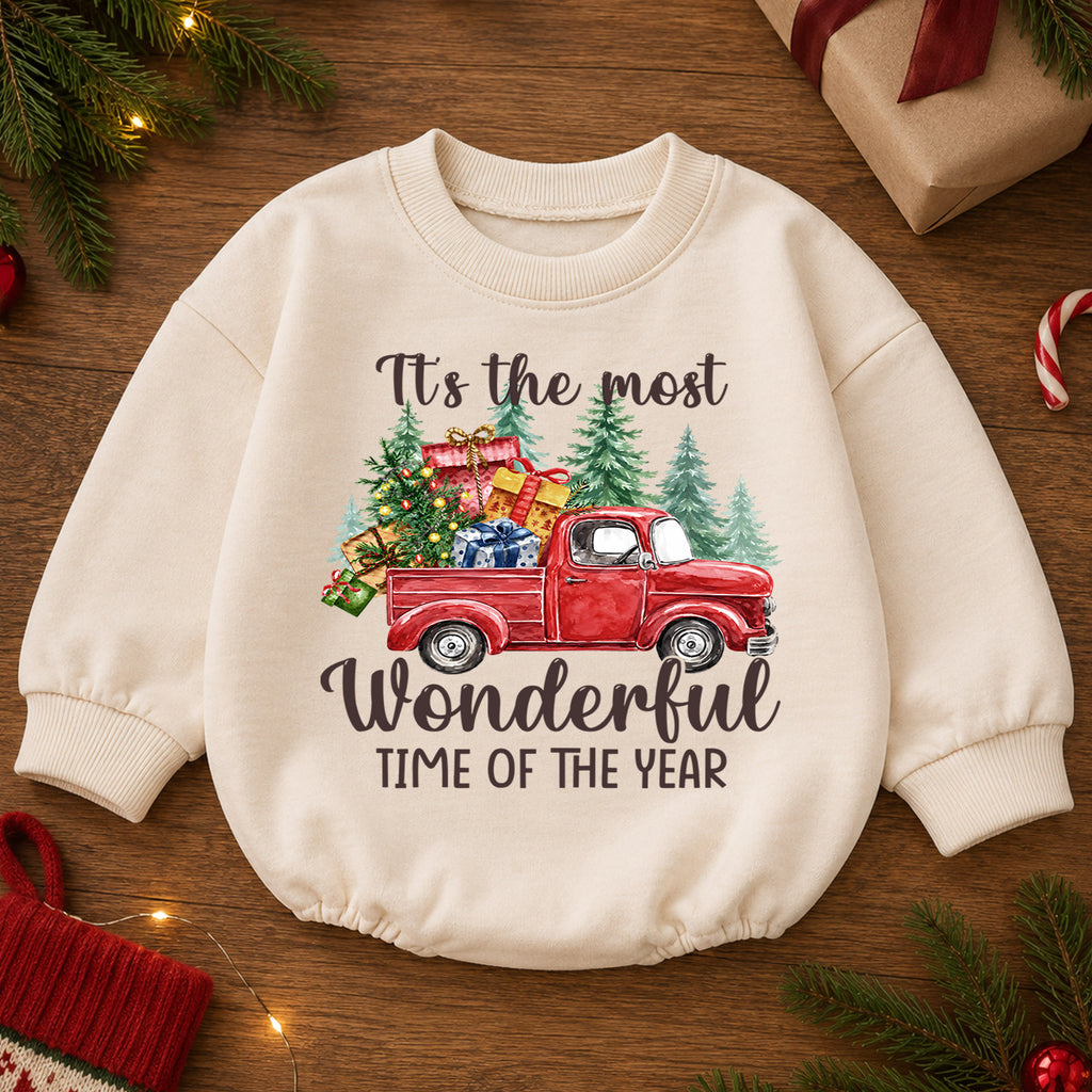 Most Wonderful Time Christmas Baby Romper, Red Truck Holiday Outfit, Toddler Xmas Romper, Cute 1st Christmas Gift for Baby — product view 2