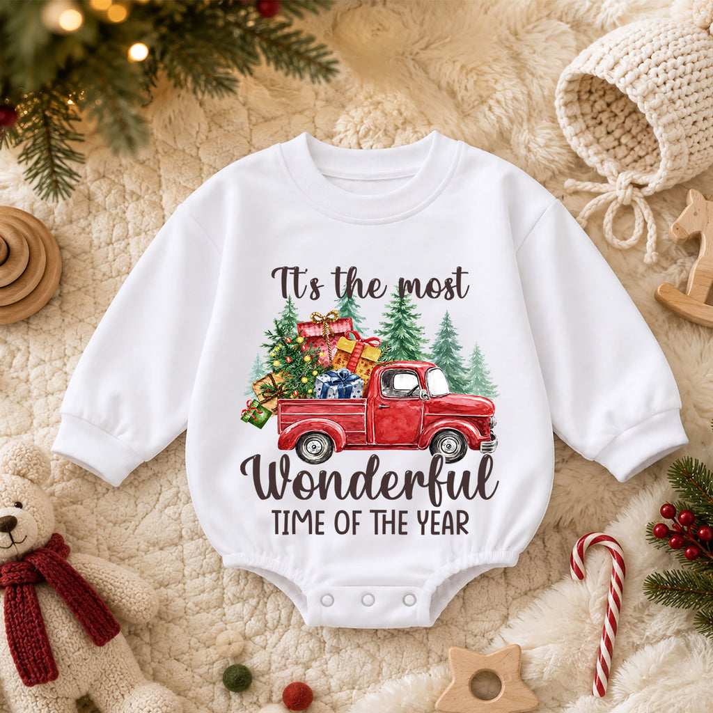 Most Wonderful Time Christmas Baby Romper, Red Truck Holiday Outfit, Toddler Xmas Romper, Cute 1st Christmas Gift for Baby — product view 3