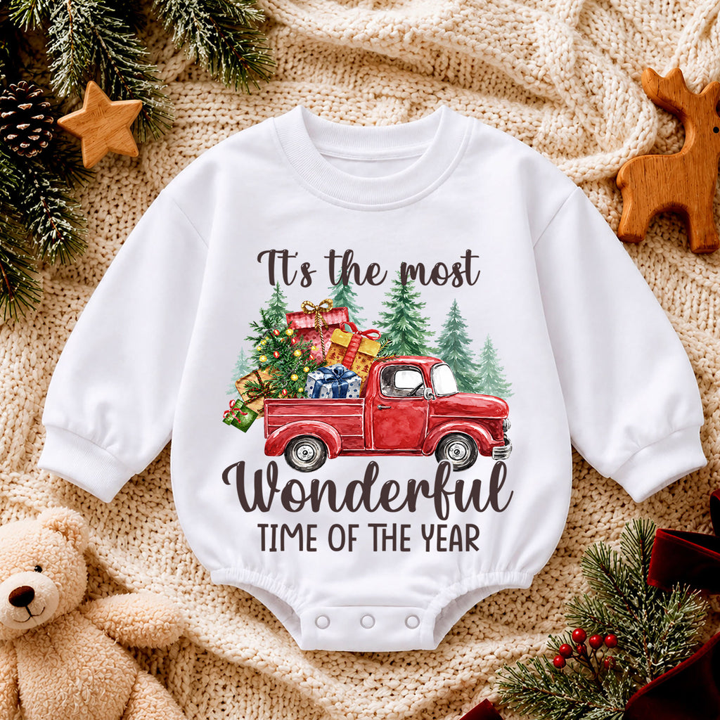Most Wonderful Time Christmas Baby Romper, Red Truck Holiday Outfit, Toddler Xmas Romper, Cute 1st Christmas Gift for Baby — product view 4