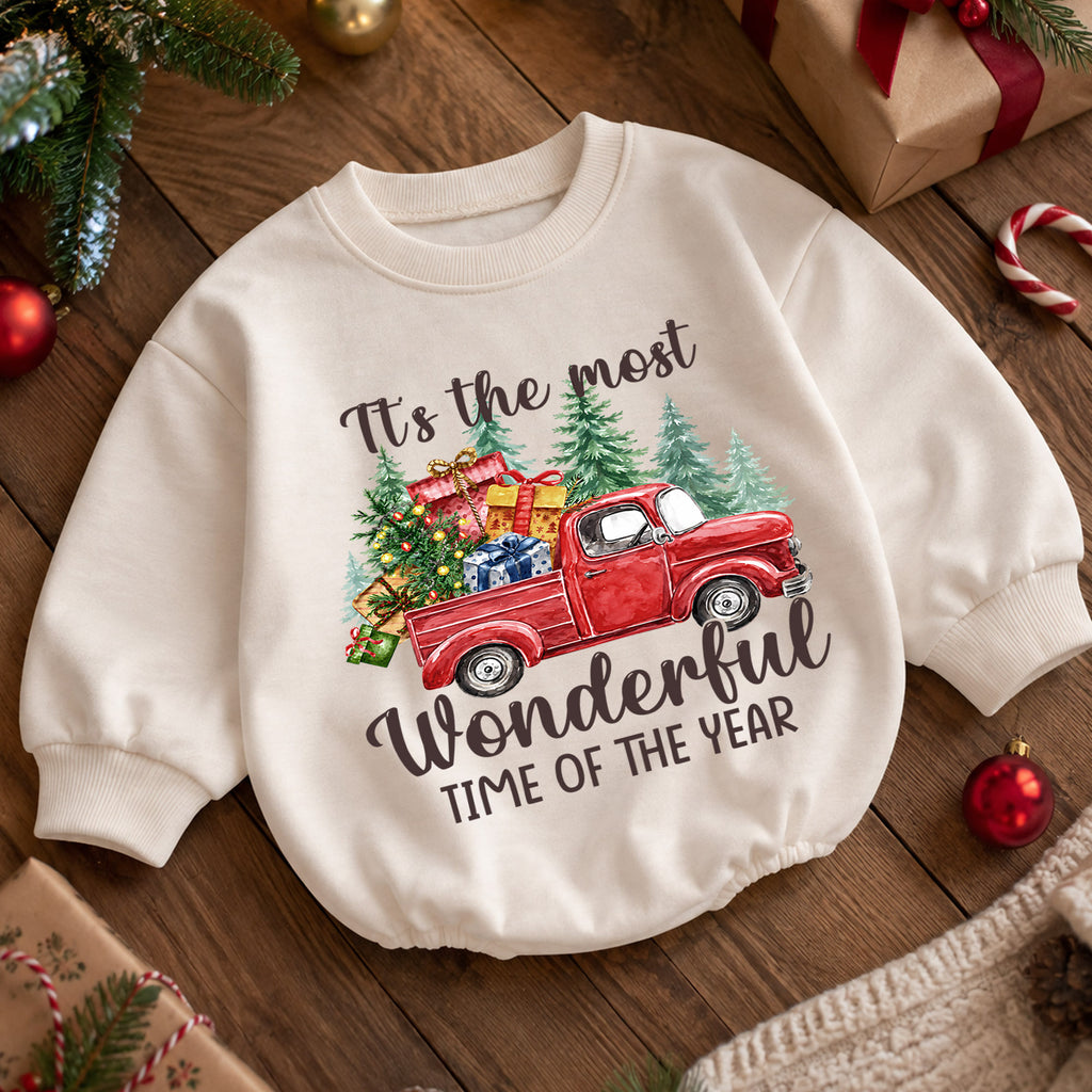 Most Wonderful Time Christmas Baby Romper, Red Truck Holiday Outfit, Toddler Xmas Romper, Cute 1st Christmas Gift for Baby — product view 5
