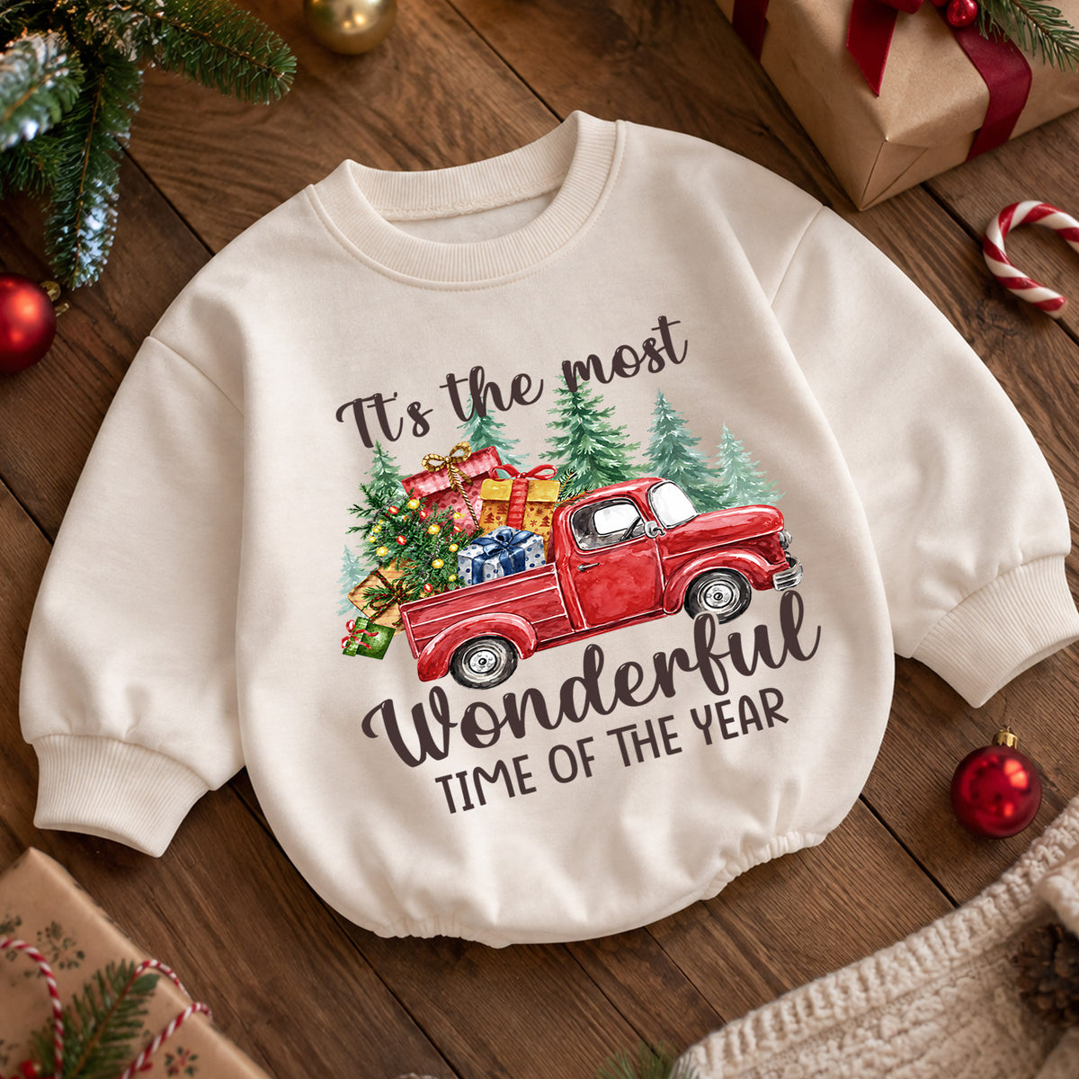 Most Wonderful Time Christmas Baby Romper, Red Truck Holiday Outfit, Toddler Xmas Romper, Cute 1st Christmas Gift for Baby — product view 5