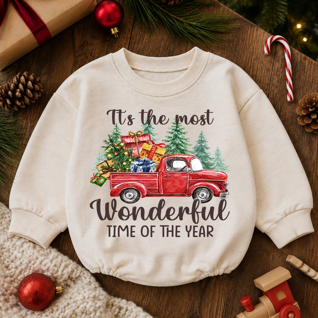 Most Wonderful Time Christmas Baby Romper, Red Truck Holiday Outfit, Toddler Xmas Romper, Cute 1st Christmas Gift for Baby — product view 6