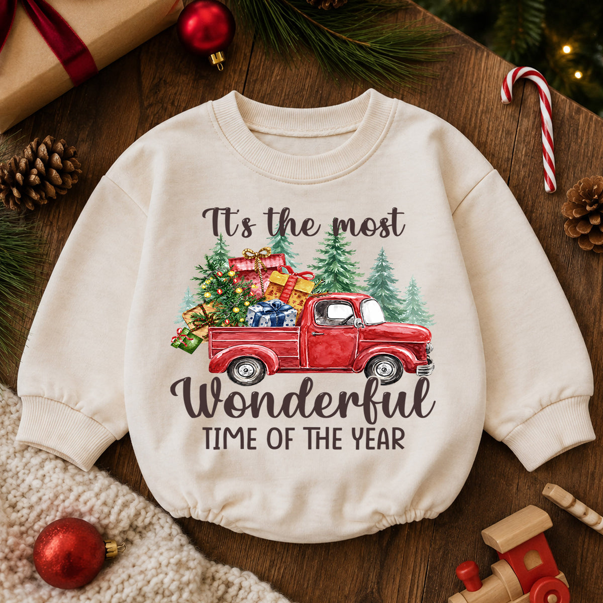 Most Wonderful Time Christmas Baby Romper, Red Truck Holiday Outfit, Toddler Xmas Romper, Cute 1st Christmas Gift for Baby — product view 6