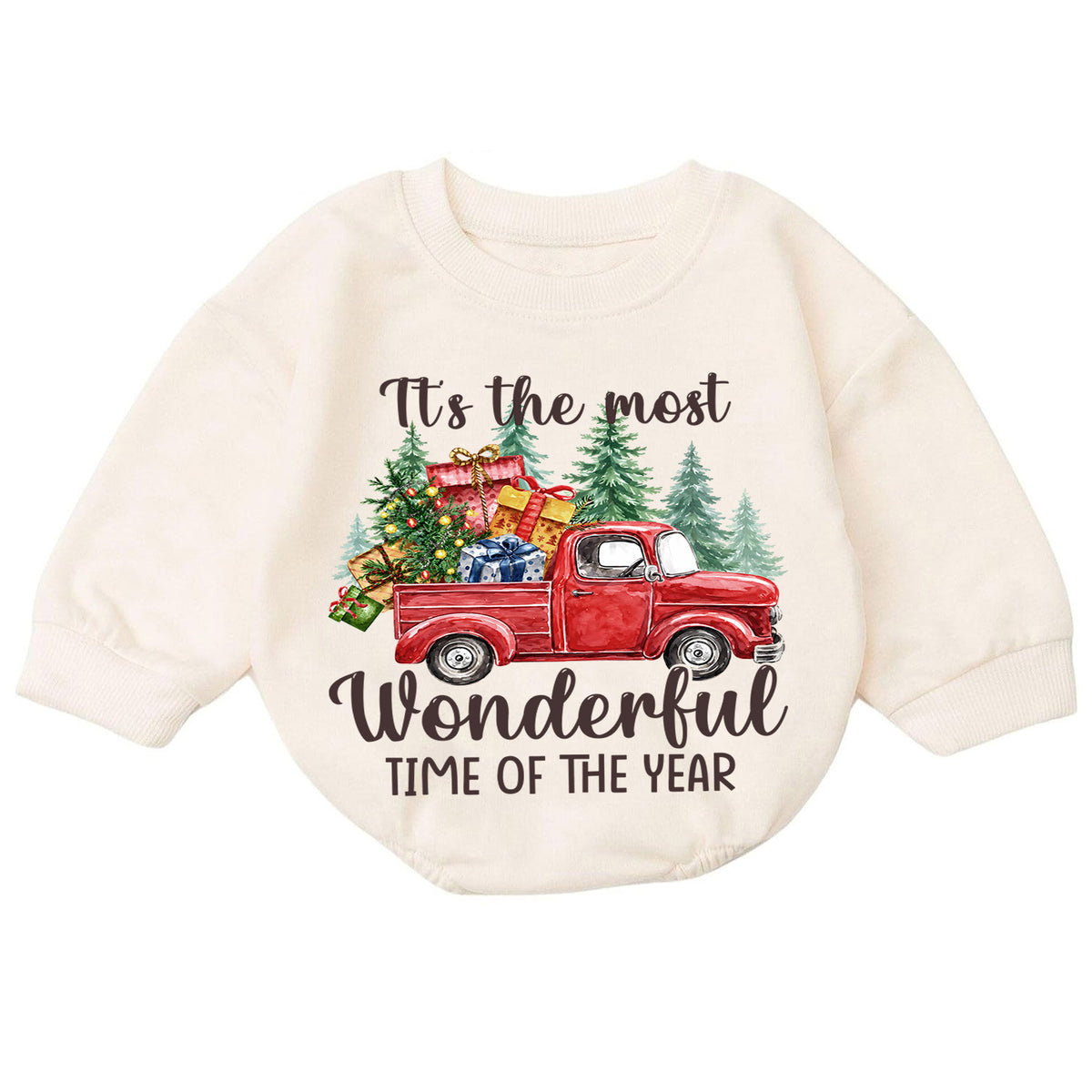 Most Wonderful Time Christmas Baby Romper, Red Truck Holiday Outfit, Toddler Xmas Romper, Cute 1st Christmas Gift for Baby — product view 7