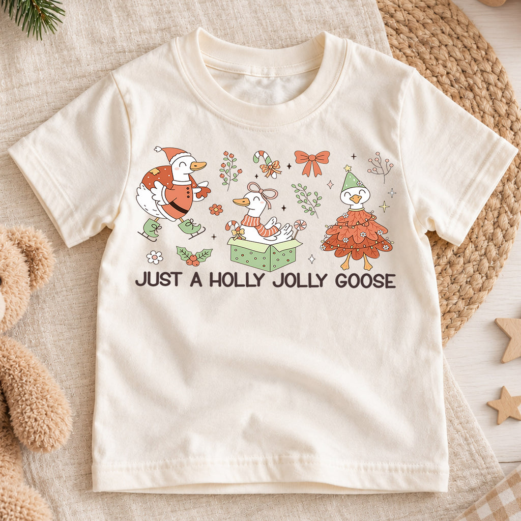Just a Holly Jolly Goose Kids Shirt, Cute Goose Christmas Tee, Whimsical Holiday Outfit, Toddler Xmas Gift, Funny Festive Animal Top — product view 1
