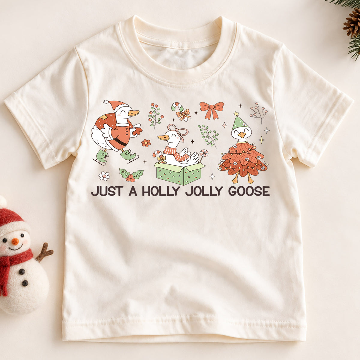 Just a Holly Jolly Goose Kids Shirt, Cute Goose Christmas Tee, Whimsical Holiday Outfit, Toddler Xmas Gift, Funny Festive Animal Top — product view 2