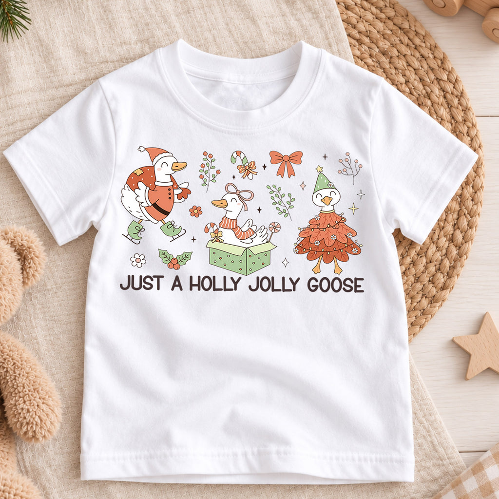 Just a Holly Jolly Goose Kids Shirt, Cute Goose Christmas Tee, Whimsical Holiday Outfit, Toddler Xmas Gift, Funny Festive Animal Top — product view 3