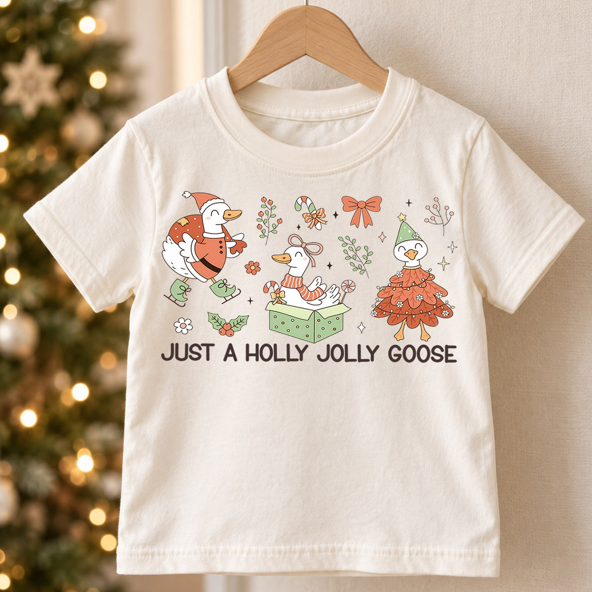 Just a Holly Jolly Goose Kids Shirt, Cute Goose Christmas Tee, Whimsical Holiday Outfit, Toddler Xmas Gift, Funny Festive Animal Top — product view 5