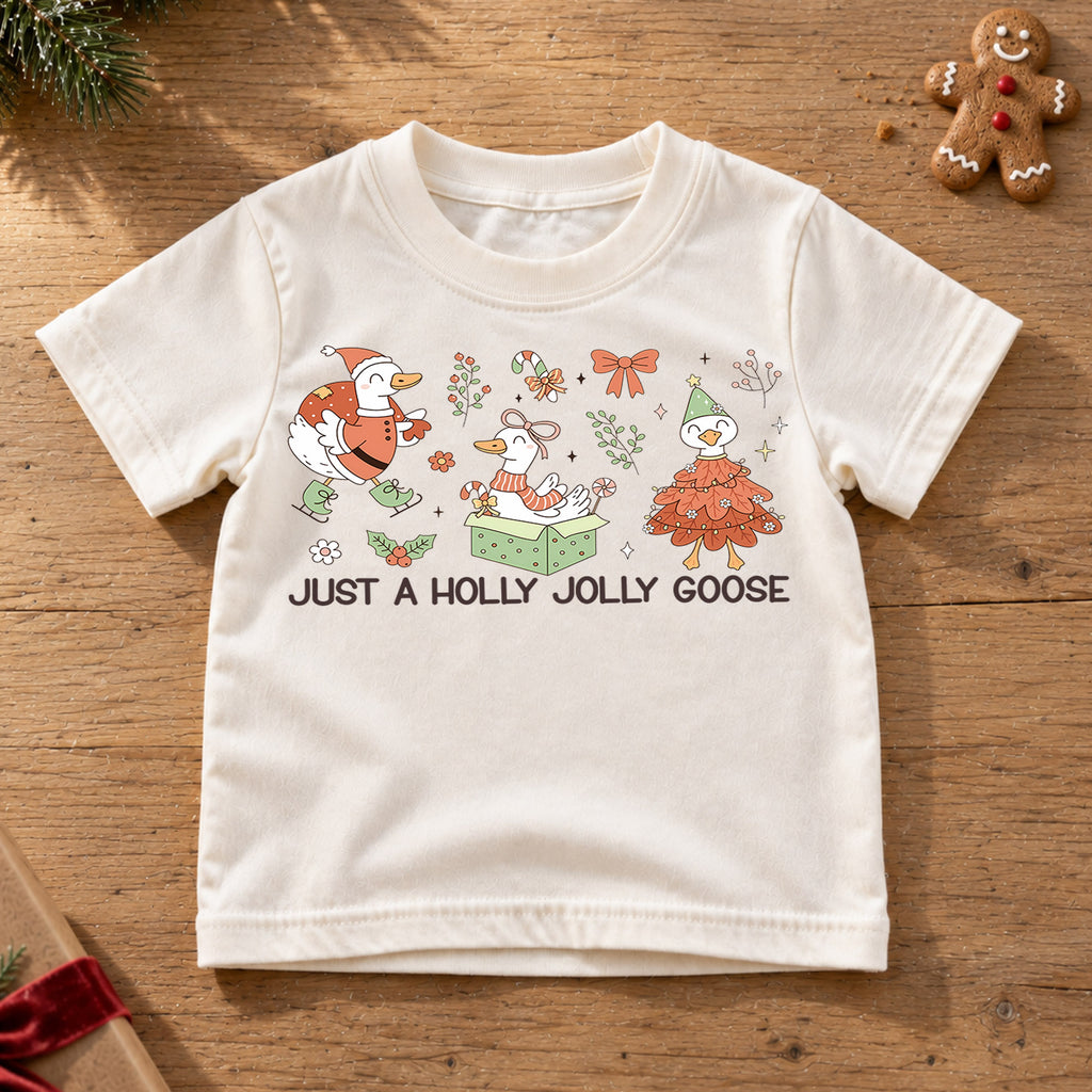 Just a Holly Jolly Goose Kids Shirt, Cute Goose Christmas Tee, Whimsical Holiday Outfit, Toddler Xmas Gift, Funny Festive Animal Top — product view 6
