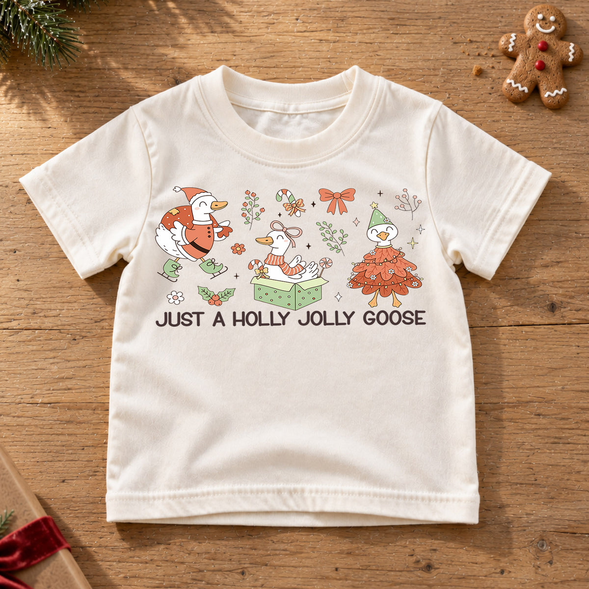 Just a Holly Jolly Goose Kids Shirt, Cute Goose Christmas Tee, Whimsical Holiday Outfit, Toddler Xmas Gift, Funny Festive Animal Top — product view 6