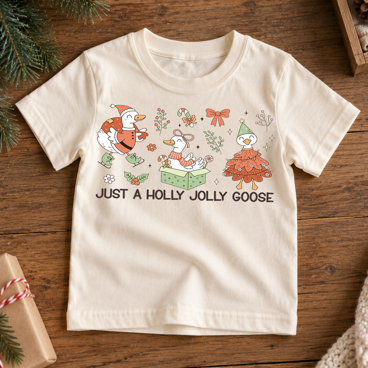 Just a Holly Jolly Goose Kids Shirt, Cute Goose Christmas Tee, Whimsical Holiday Outfit, Toddler Xmas Gift, Funny Festive Animal Top — product view 7