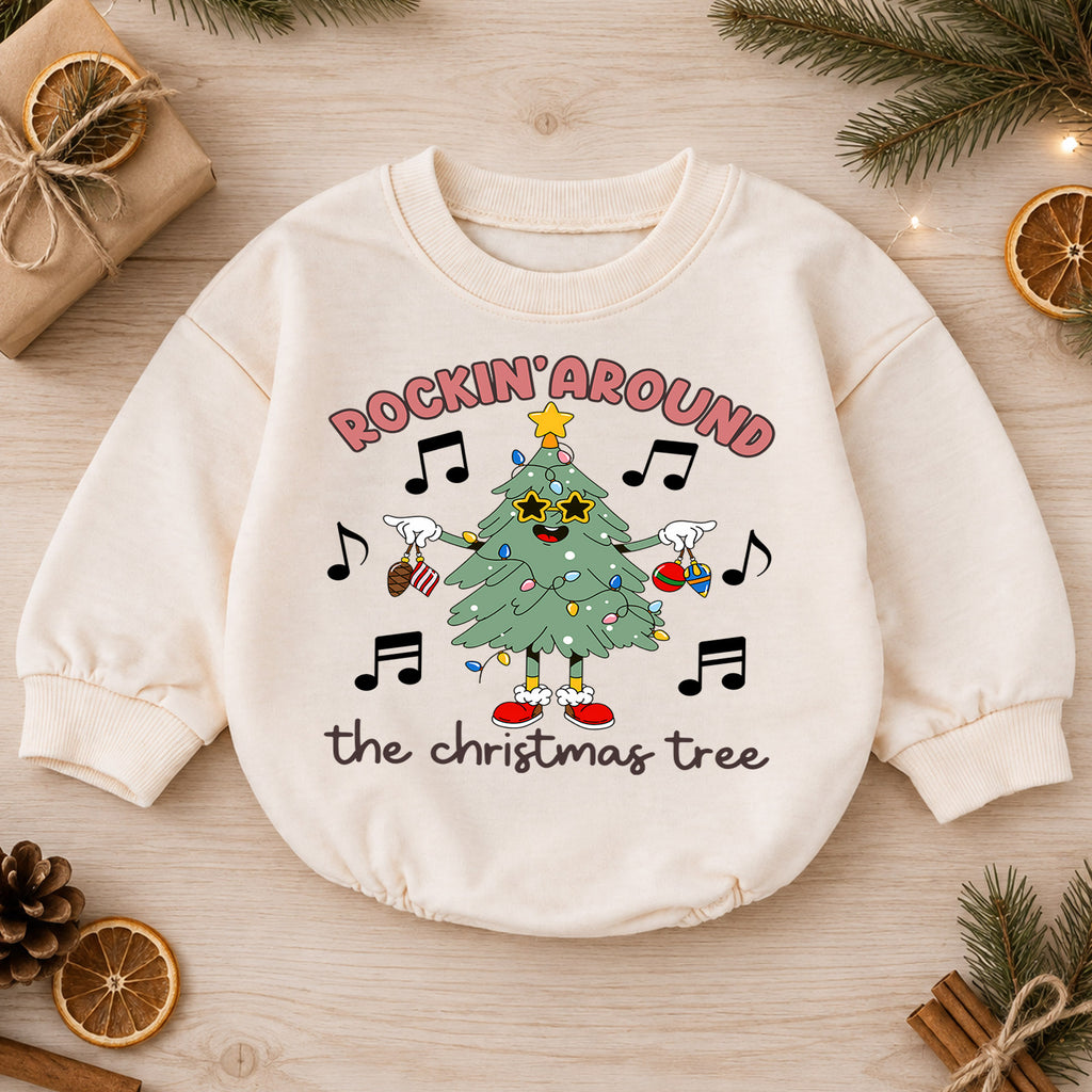 Rockin Around the Christmas Tree Baby Romper, Music Holiday Outfit, 1st Birthday Christmas Gift, Baby 1st Christmas Keepsake — product view 1