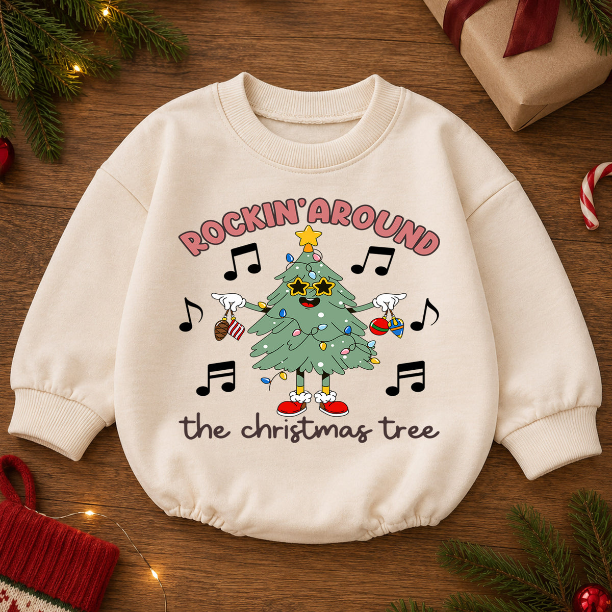 Rockin Around the Christmas Tree Baby Romper, Music Holiday Outfit, 1st Birthday Christmas Gift, Baby 1st Christmas Keepsake — product view 2