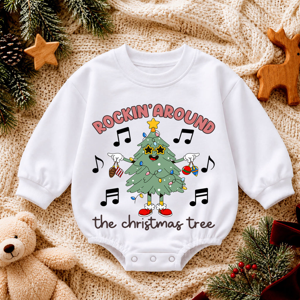 Rockin Around the Christmas Tree Baby Romper, Music Holiday Outfit, 1st Birthday Christmas Gift, Baby 1st Christmas Keepsake — product view 4