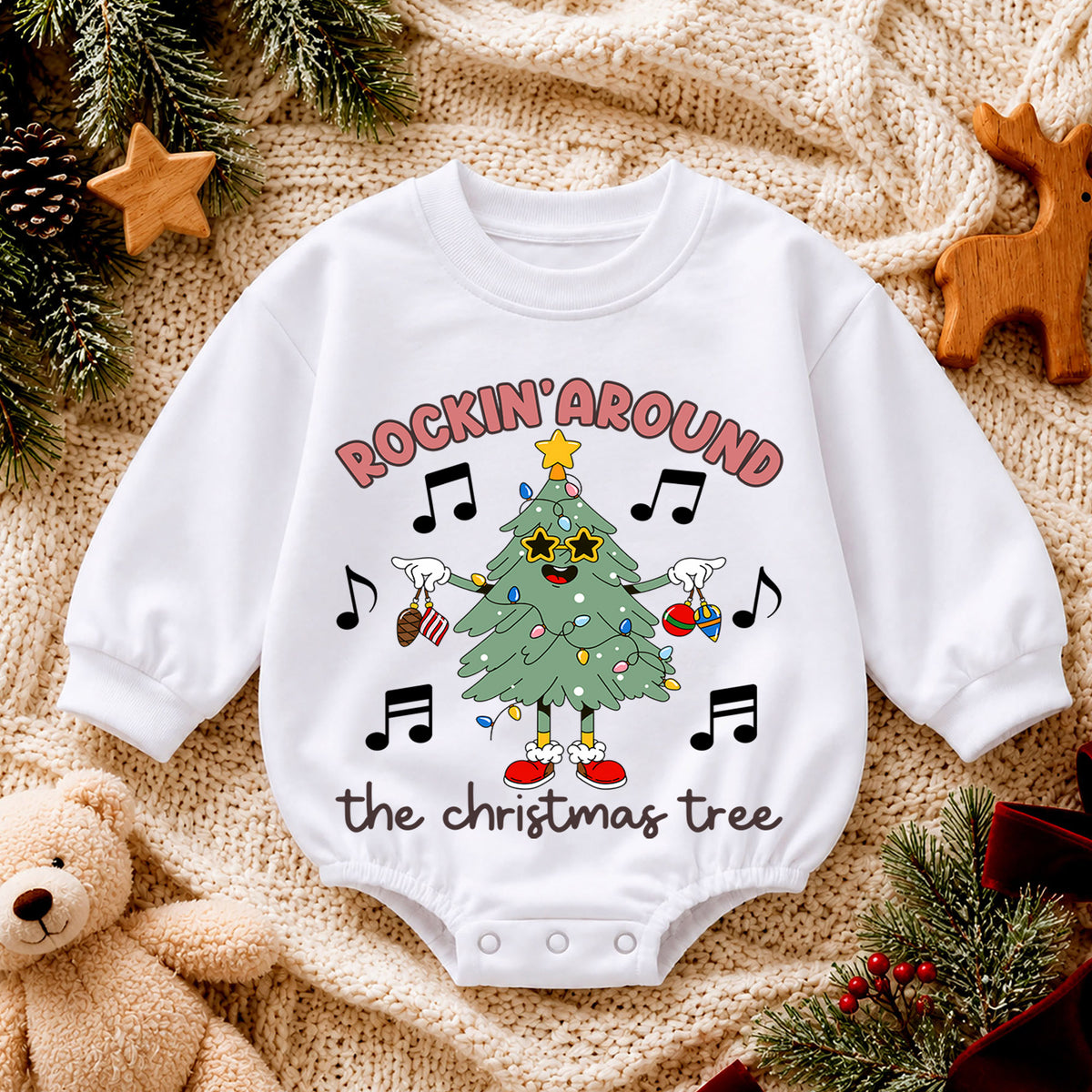 Rockin Around the Christmas Tree Baby Romper, Music Holiday Outfit, 1st Birthday Christmas Gift, Baby 1st Christmas Keepsake — product view 4