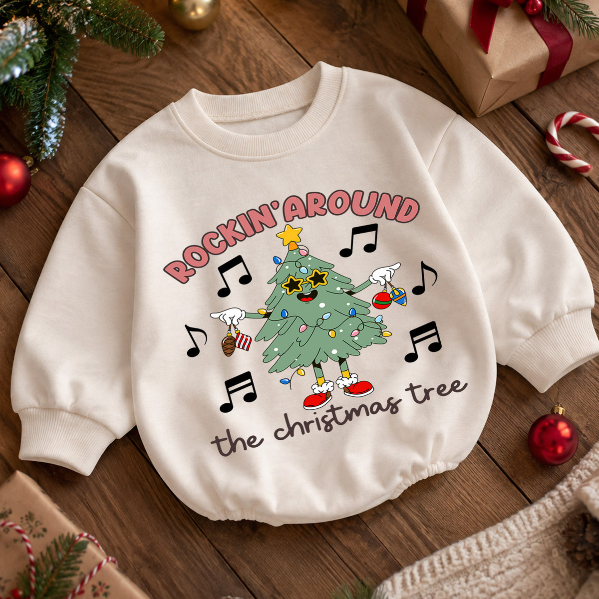 Rockin Around the Christmas Tree Baby Romper, Music Holiday Outfit, 1st Birthday Christmas Gift, Baby 1st Christmas Keepsake — product view 5
