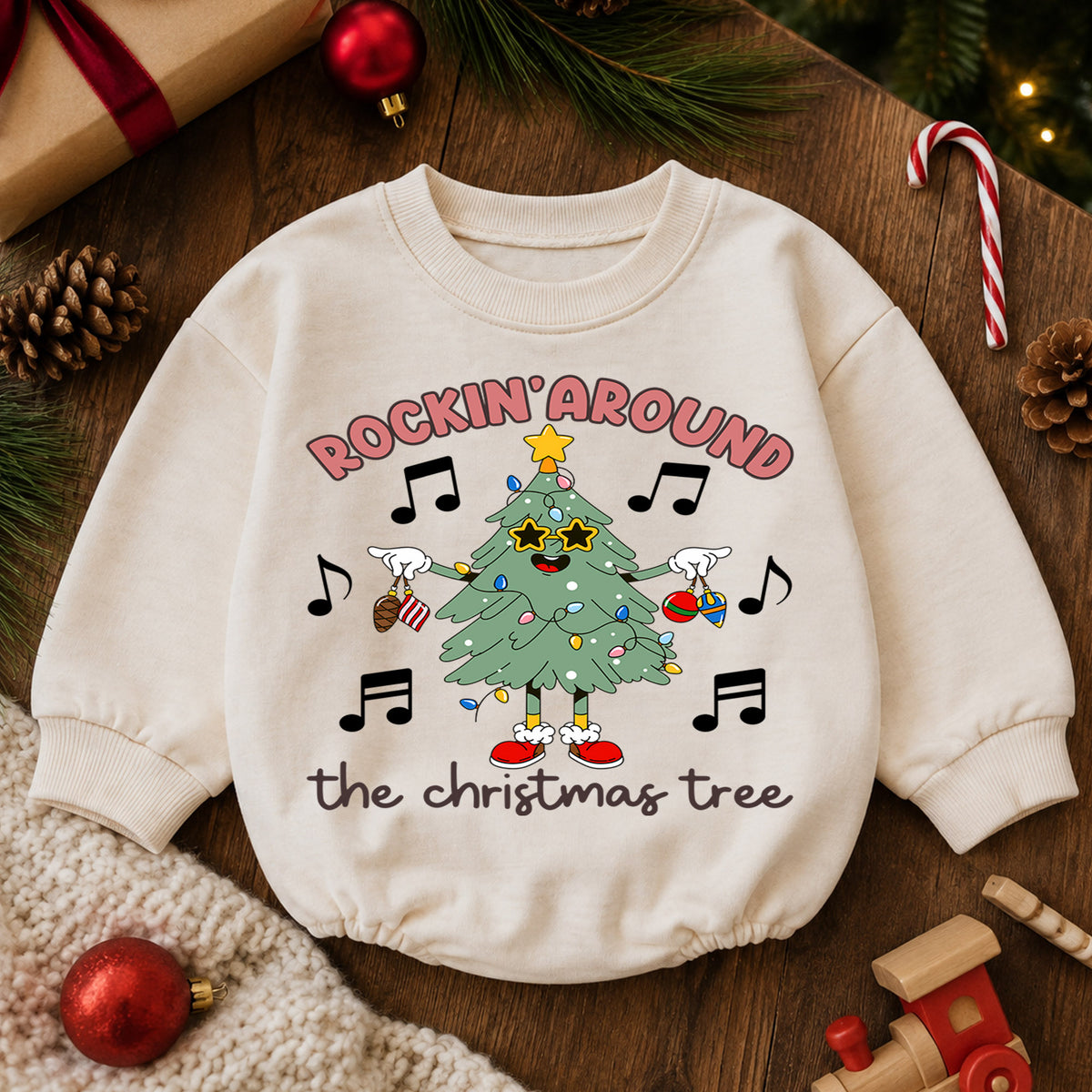 Rockin Around the Christmas Tree Baby Romper, Music Holiday Outfit, 1st Birthday Christmas Gift, Baby 1st Christmas Keepsake — product view 6