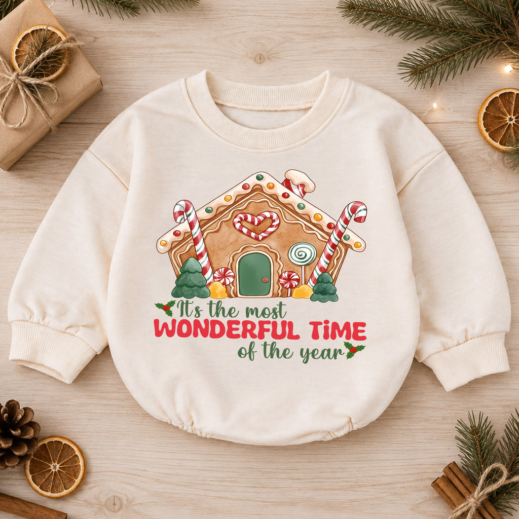 Most Wonderful Time Gingerbread House Baby Romper, Candy Cane Christmas Outfit, Cute Holiday Xmas Romper, Gingerbread Gift for Baby — product view 1