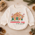 Most Wonderful Time Gingerbread House Baby Romper, Candy Cane Christmas Outfit, Cute Holiday Xmas Romper, Gingerbread Gift for Baby — product view 1