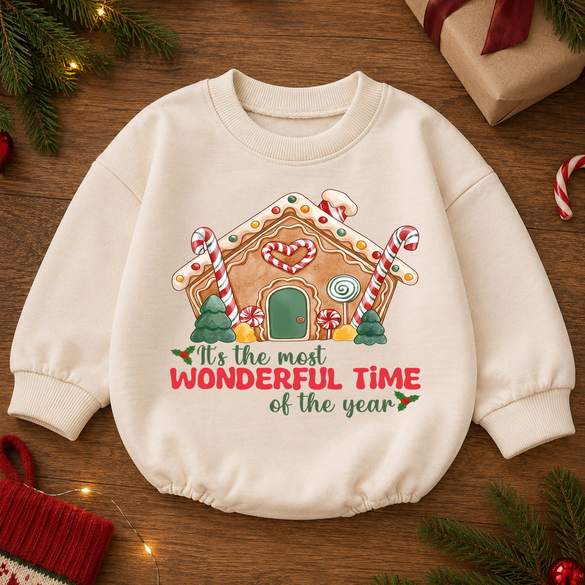 Most Wonderful Time Gingerbread House Baby Romper, Candy Cane Christmas Outfit, Cute Holiday Xmas Romper, Gingerbread Gift for Baby — product view 2