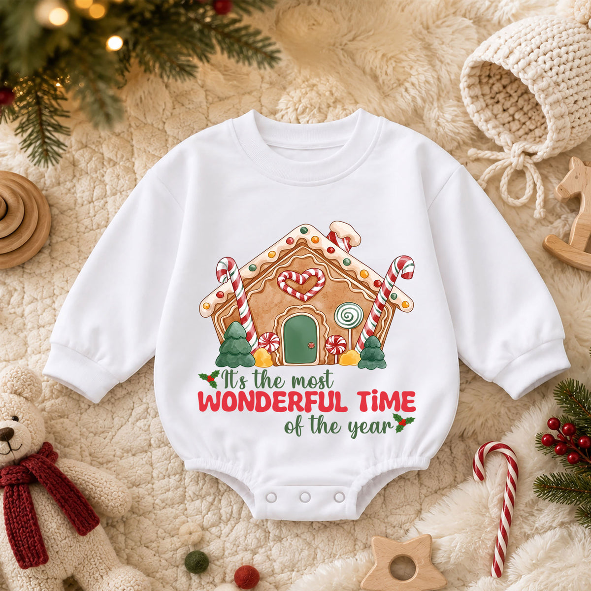 Most Wonderful Time Gingerbread House Baby Romper, Candy Cane Christmas Outfit, Cute Holiday Xmas Romper, Gingerbread Gift for Baby — product view 3