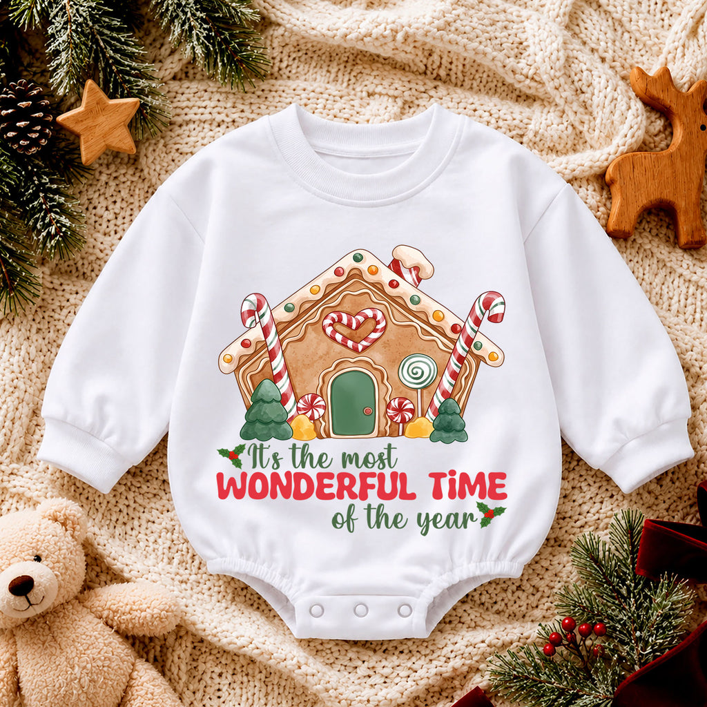 Most Wonderful Time Gingerbread House Baby Romper, Candy Cane Christmas Outfit, Cute Holiday Xmas Romper, Gingerbread Gift for Baby — product view 4