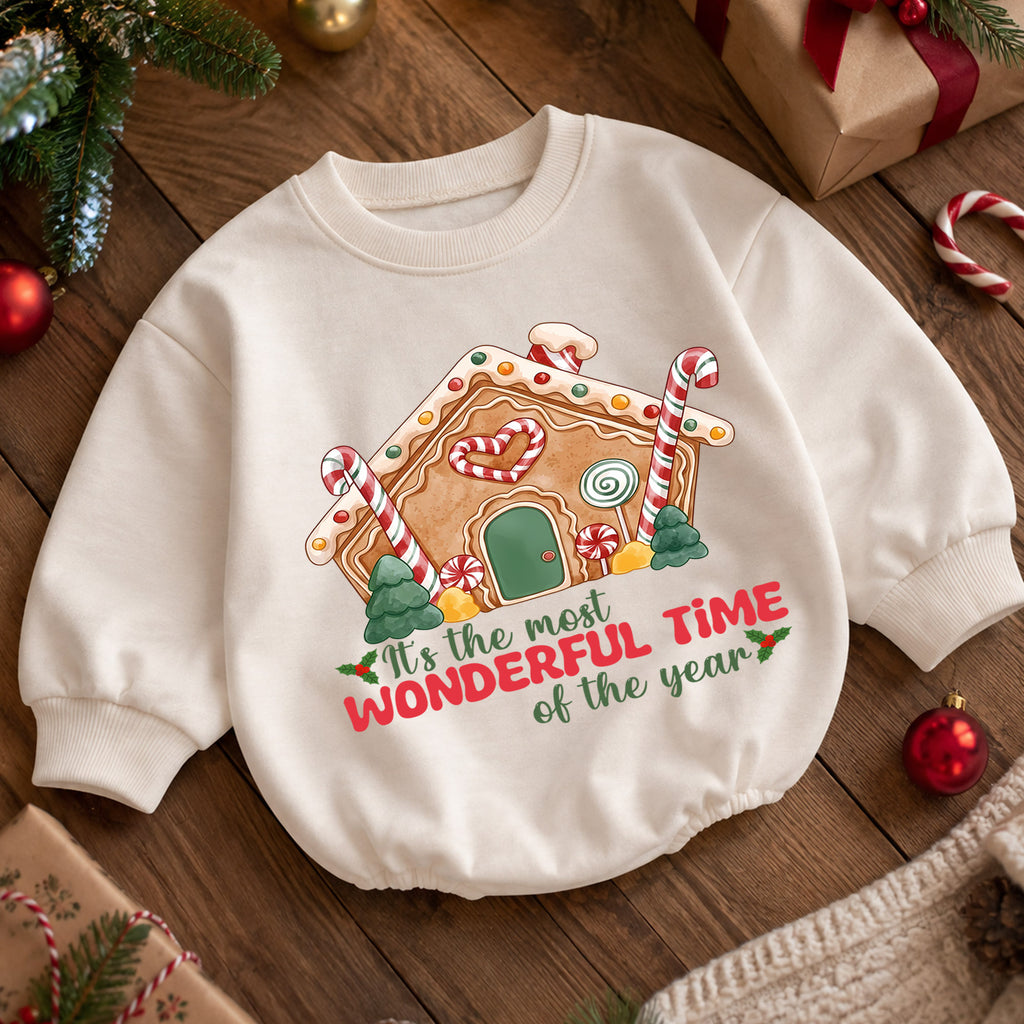 Most Wonderful Time Gingerbread House Baby Romper, Candy Cane Christmas Outfit, Cute Holiday Xmas Romper, Gingerbread Gift for Baby — product view 5