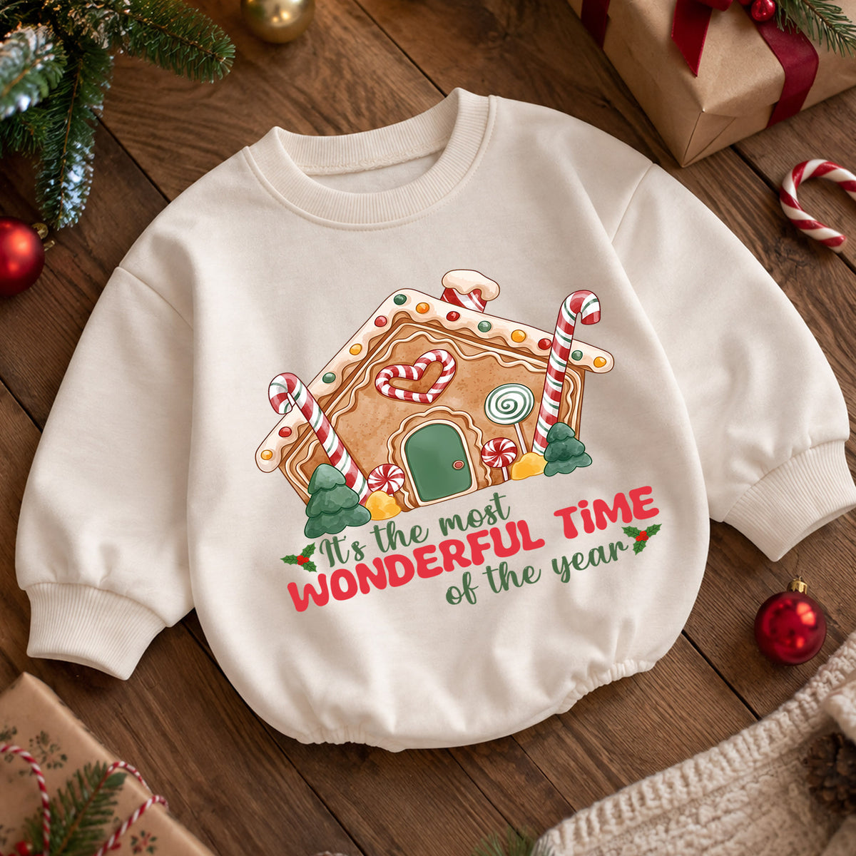 Most Wonderful Time Gingerbread House Baby Romper, Candy Cane Christmas Outfit, Cute Holiday Xmas Romper, Gingerbread Gift for Baby — product view 5