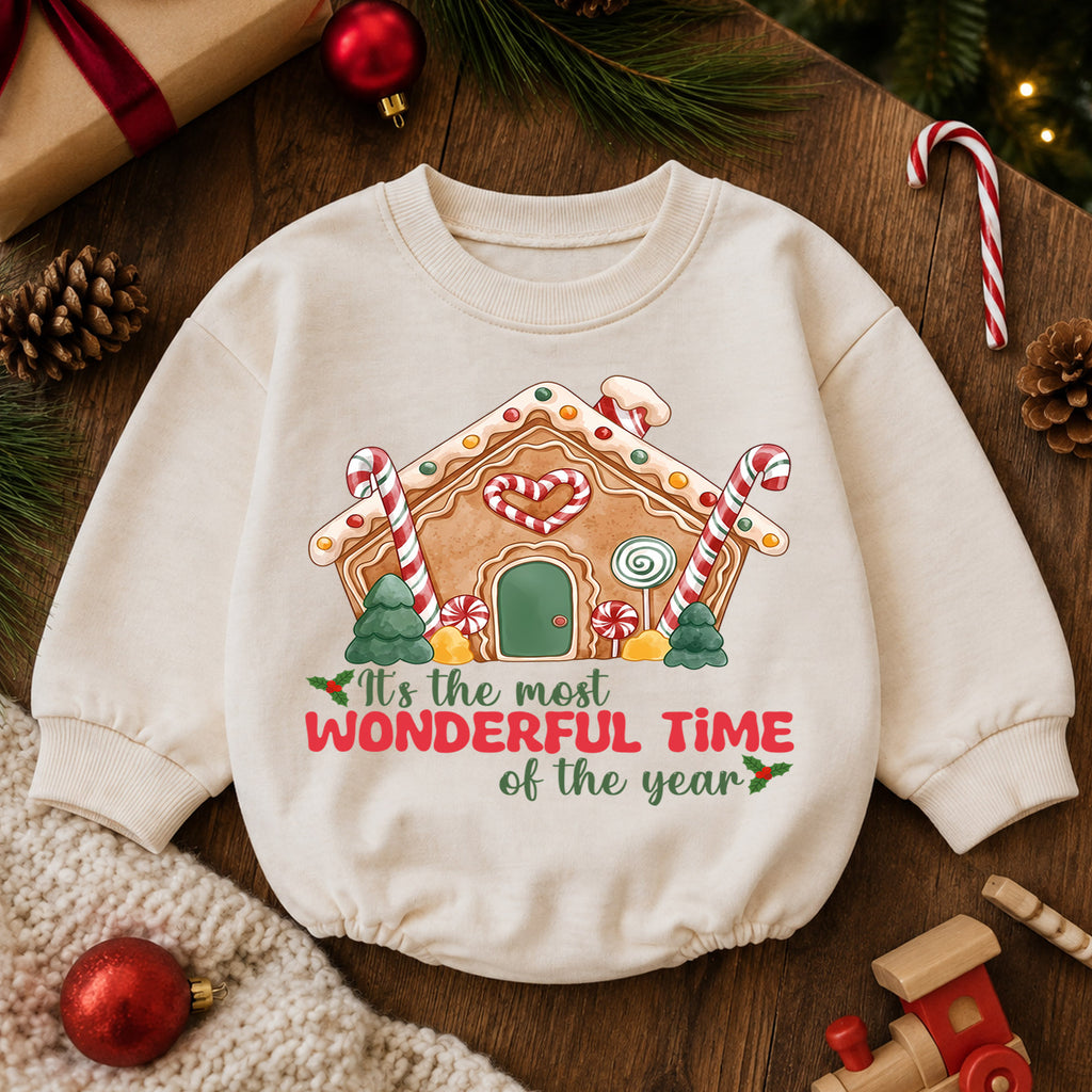 Most Wonderful Time Gingerbread House Baby Romper, Candy Cane Christmas Outfit, Cute Holiday Xmas Romper, Gingerbread Gift for Baby — product view 6