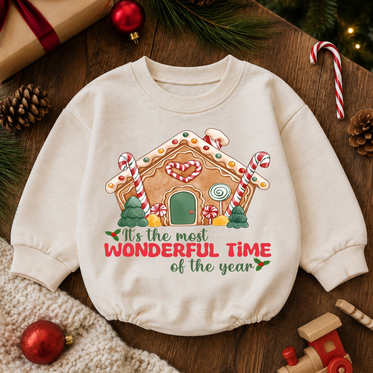 Most Wonderful Time Gingerbread House Baby Romper, Candy Cane Christmas Outfit, Cute Holiday Xmas Romper, Gingerbread Gift for Baby — product view 6